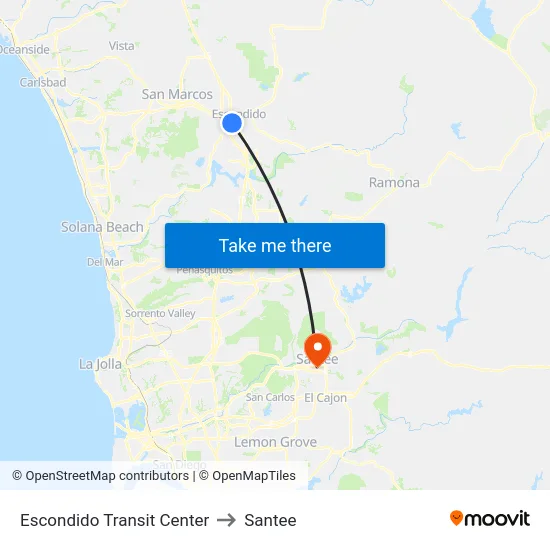 Escondido Transit Center to Santee map