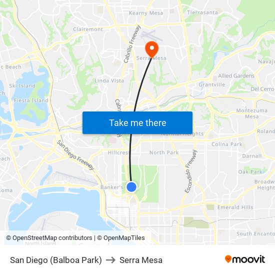 San Diego (Balboa Park) to Serra Mesa map