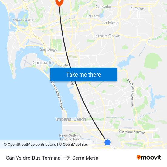 San Ysidro Bus Terminal to Serra Mesa map