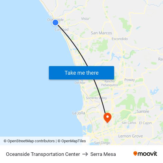 Oceanside Transportation Center to Serra Mesa map