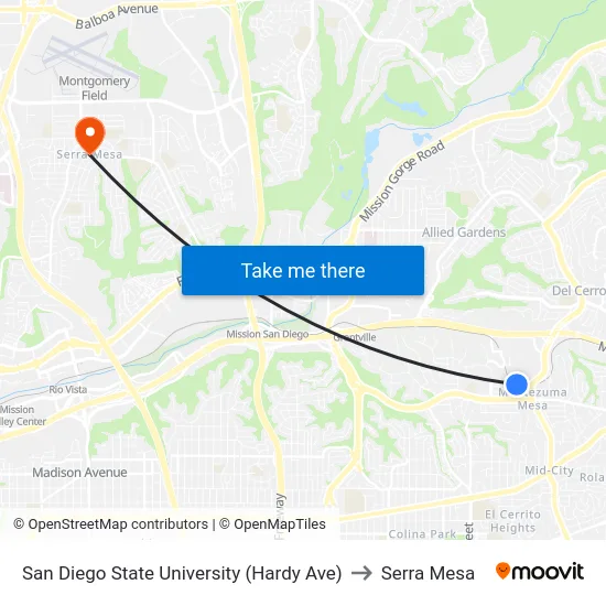 San Diego State University (Hardy Ave) to Serra Mesa map