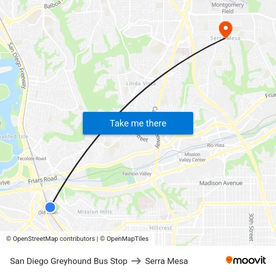 San Diego Greyhound Bus Stop to Serra Mesa map