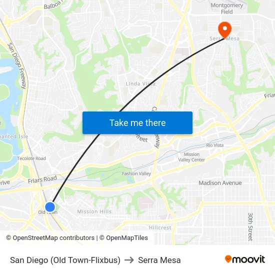 San Diego (Old Town-Flixbus) to Serra Mesa map