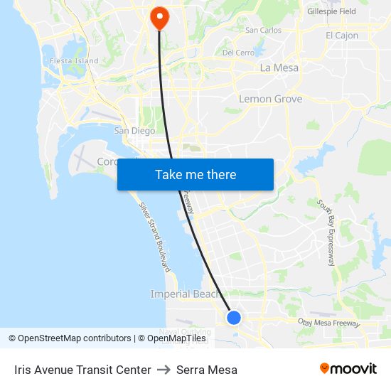 Iris Avenue Transit Center to Serra Mesa map
