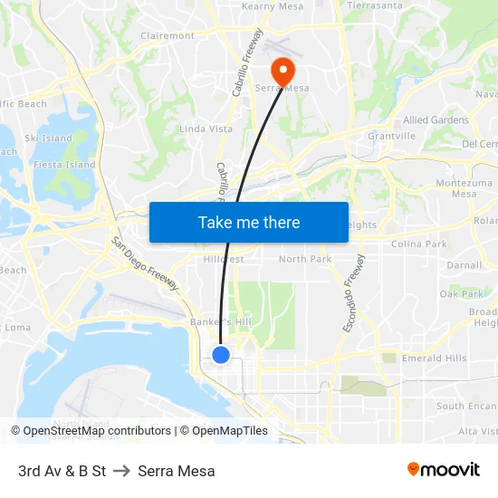 3rd Av & B St to Serra Mesa map