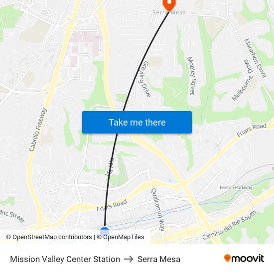 Mission Valley Center Station to Serra Mesa map