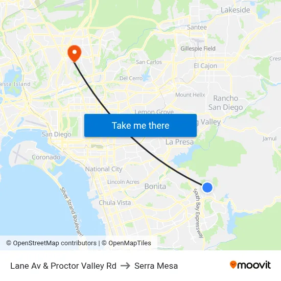 Lane Av & Proctor Valley Rd to Serra Mesa map