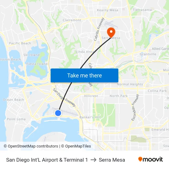 San Diego Int'L Airport & Terminal 1 to Serra Mesa map