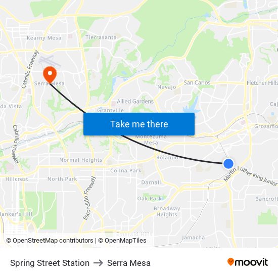 Spring Street Station to Serra Mesa map