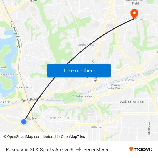 Rosecrans St & Sports Arena Bl to Serra Mesa map