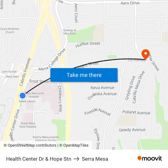 Health Center Dr & Hope Stn to Serra Mesa map