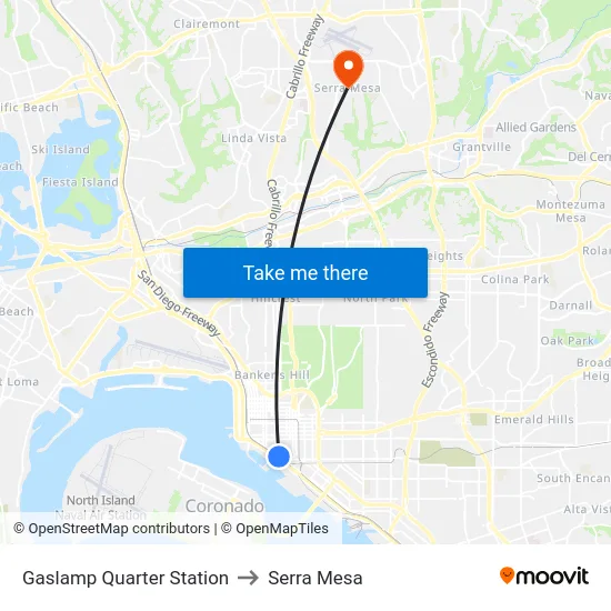 Gaslamp Quarter Station to Serra Mesa map