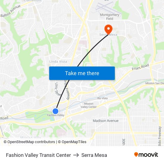 Fashion Valley Transit Center to Serra Mesa map