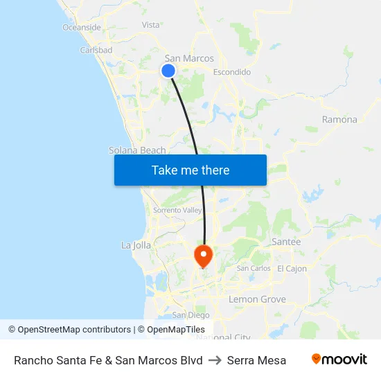 Rancho Santa Fe & San Marcos Blvd to Serra Mesa map