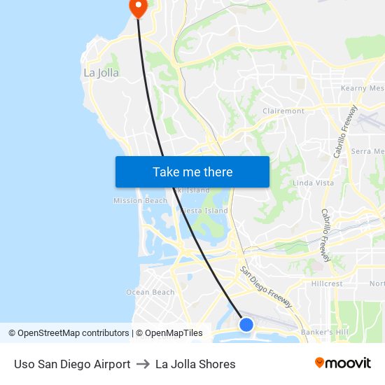 Uso San Diego Airport to La Jolla Shores map