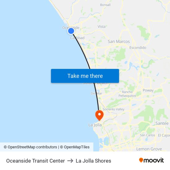 Oceanside Transit Center to La Jolla Shores map
