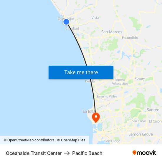 Oceanside Transit Center to Pacific Beach map