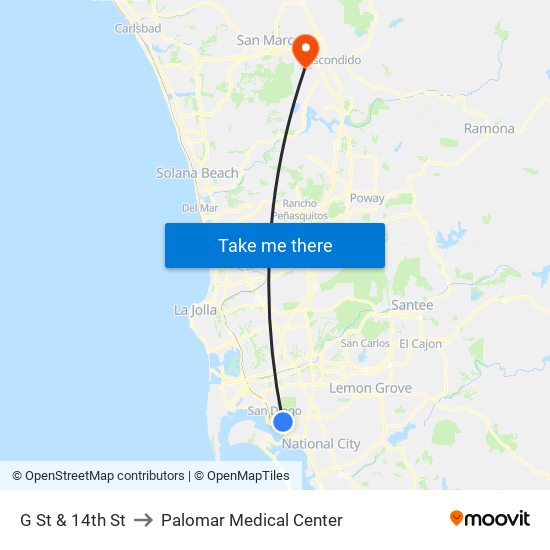 G St & 14th St to Palomar Medical Center map