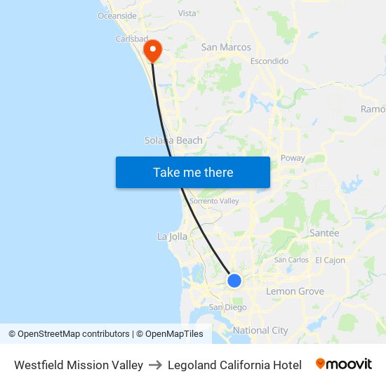 Westfield Mission Valley to Legoland California Hotel map
