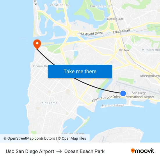 Uso San Diego Airport to Ocean Beach Park map