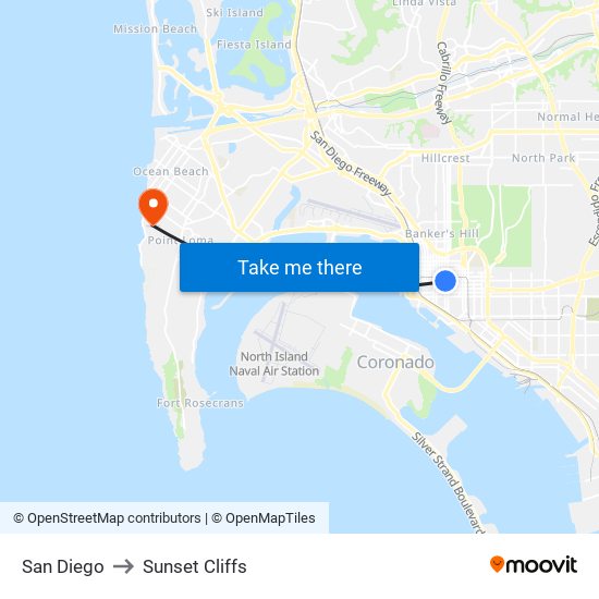 San Diego to Sunset Cliffs map