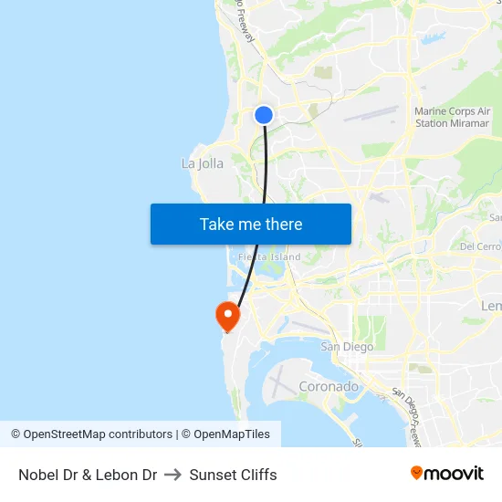 Nobel Dr & Lebon Dr to Sunset Cliffs map