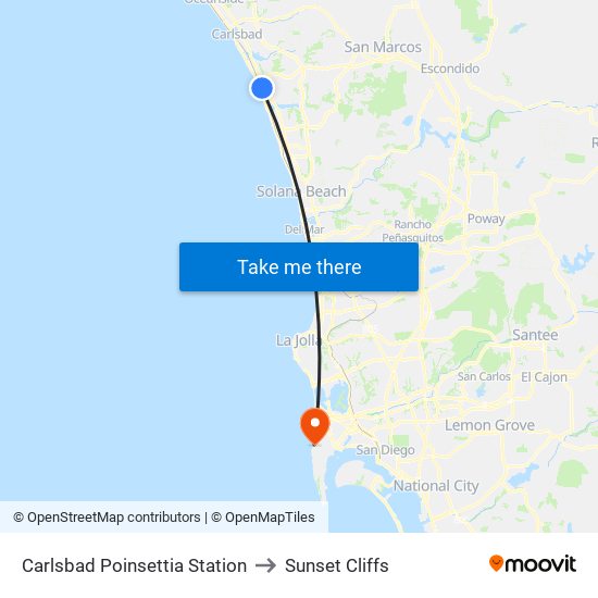 Carlsbad Poinsettia Station to Sunset Cliffs map