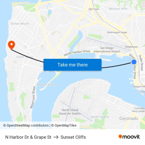 N Harbor Dr & Grape St to Sunset Cliffs map