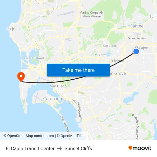 El Cajon Transit Center to Sunset Cliffs map
