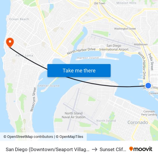 San Diego (Downtown/Seaport Village) to Sunset Cliffs map