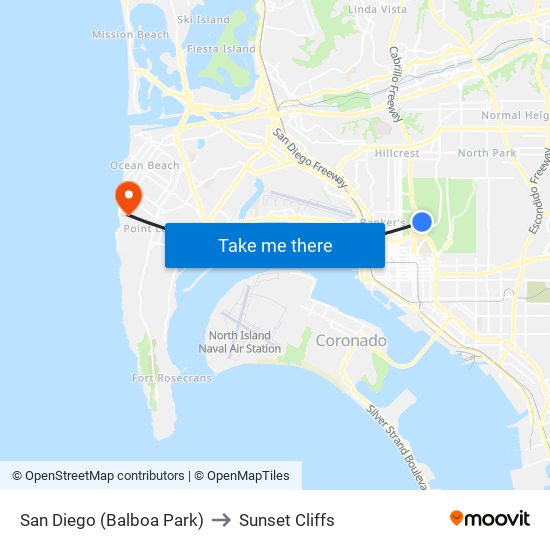 San Diego (Balboa Park) to Sunset Cliffs map