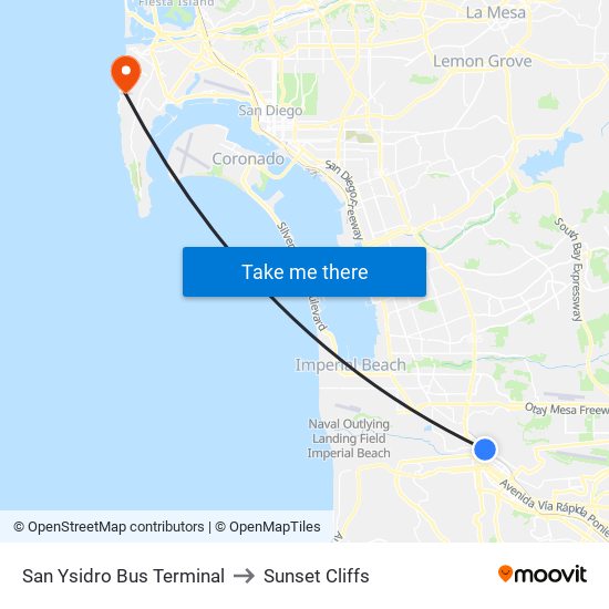 San Ysidro Bus Terminal to Sunset Cliffs map