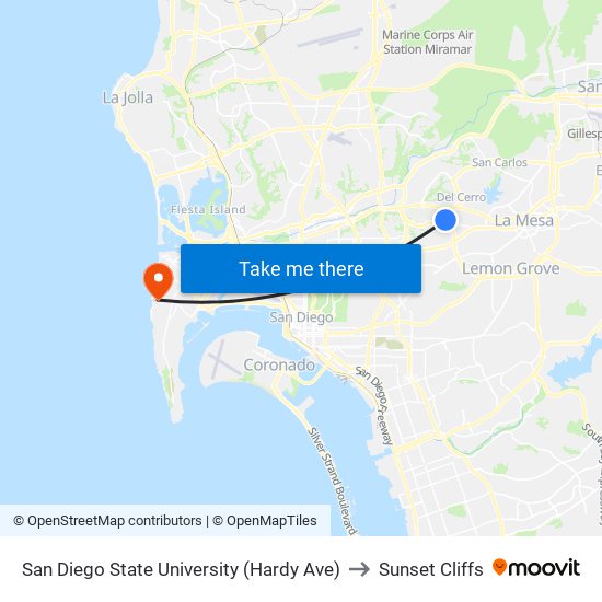 San Diego State University (Hardy Ave) to Sunset Cliffs map