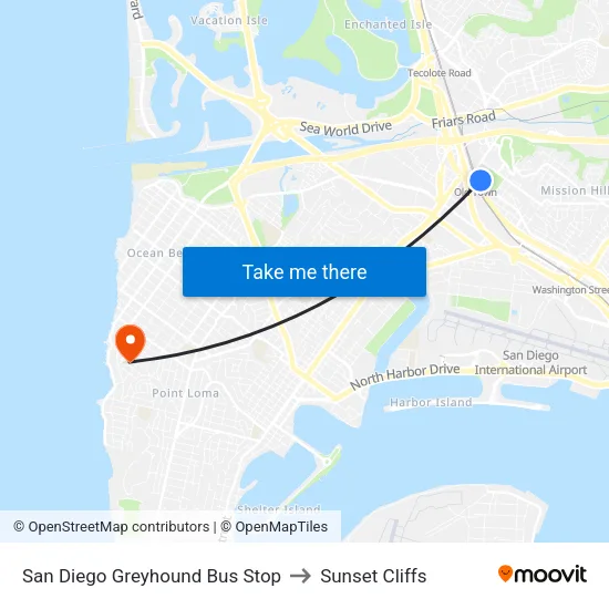 San Diego Greyhound Bus Stop to Sunset Cliffs map