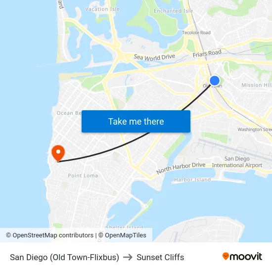 San Diego (Old Town-Flixbus) to Sunset Cliffs map