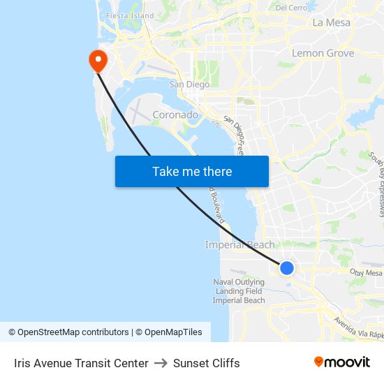 Iris Avenue Transit Center to Sunset Cliffs map