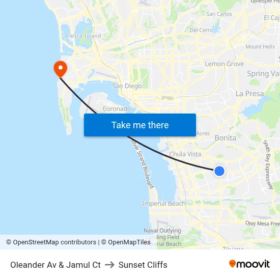 Oleander Av & Jamul Ct to Sunset Cliffs map