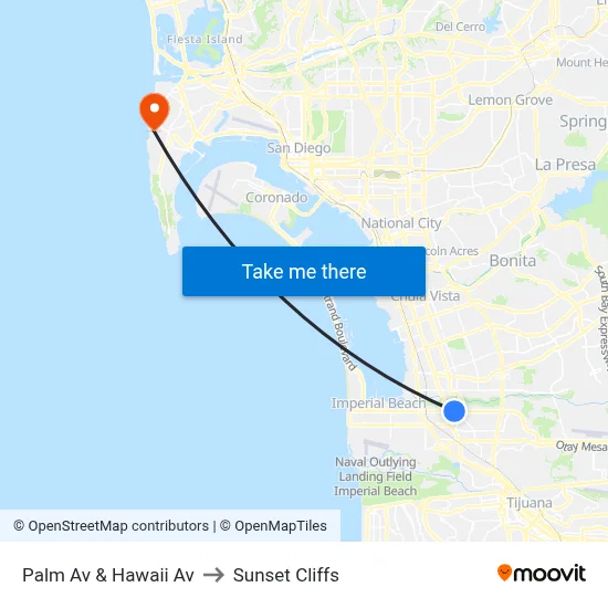 Palm Av & Hawaii Av to Sunset Cliffs map