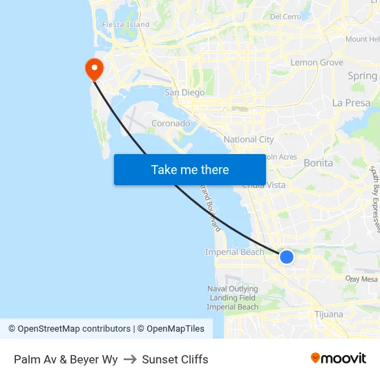 Palm Av & Beyer Wy to Sunset Cliffs map