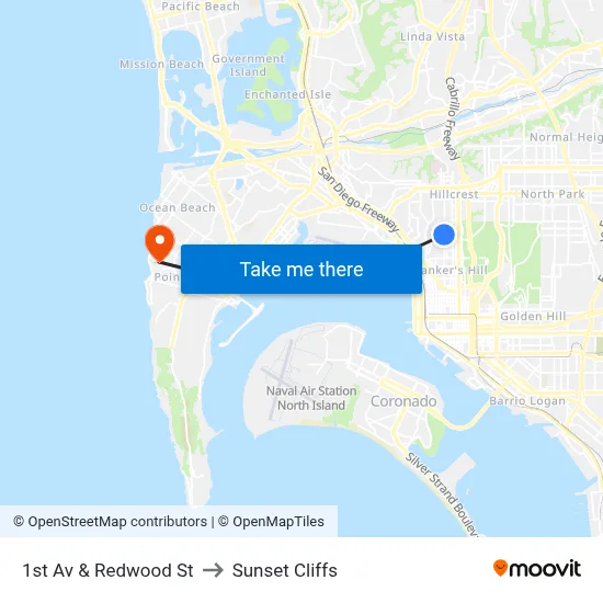 1st Av & Redwood St to Sunset Cliffs map