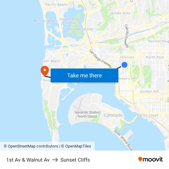 1st Av & Walnut Av to Sunset Cliffs map