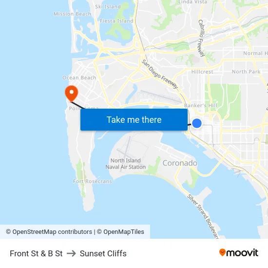 Front St & B St to Sunset Cliffs map