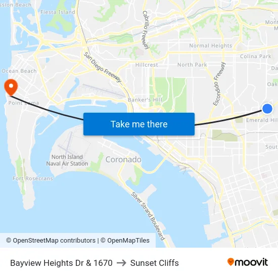 Bayview Heights Dr & 1670 to Sunset Cliffs map