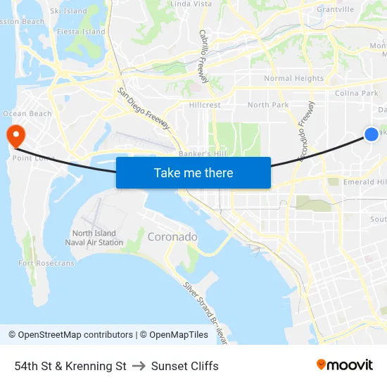 54th St & Krenning St to Sunset Cliffs map
