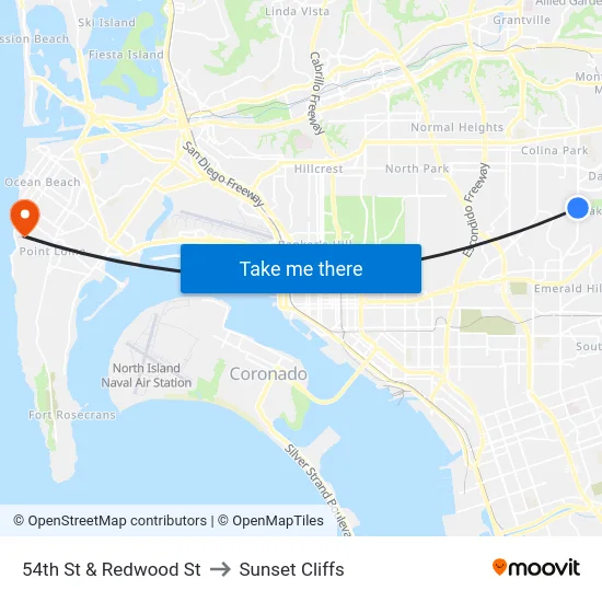 54th St & Redwood St to Sunset Cliffs map