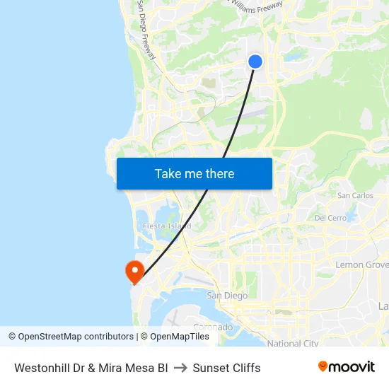 Westonhill Dr & Mira Mesa Bl to Sunset Cliffs map