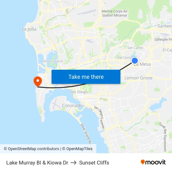 Lake Murray Bl & Kiowa Dr to Sunset Cliffs map