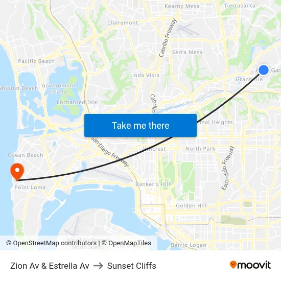 Zion Av & Estrella Av to Sunset Cliffs map