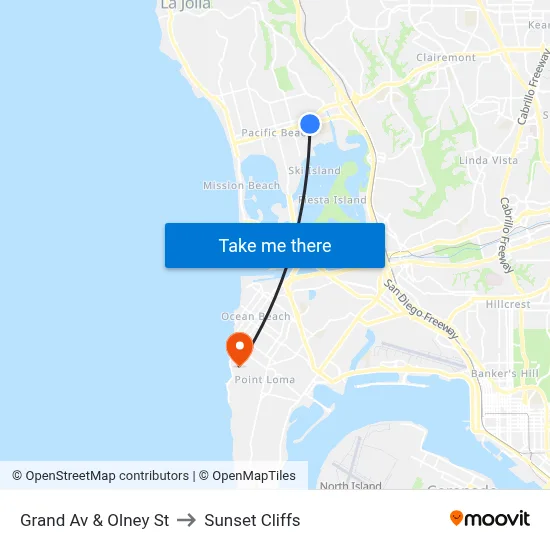 Grand Av & Olney St to Sunset Cliffs map