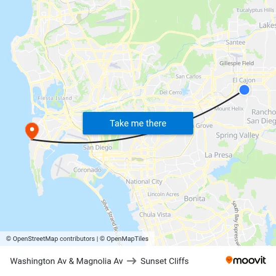 Washington Av & Magnolia Av to Sunset Cliffs map